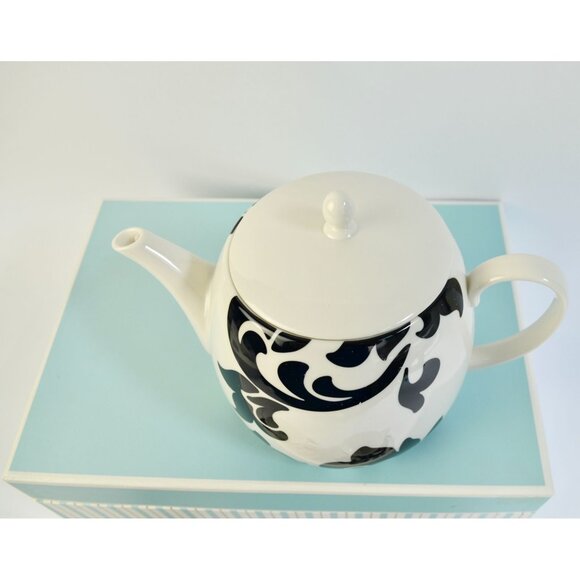 Martha Stewart Tea for Two Lisbon Black White Teapot Saucers Teacups NEW - Picture 5 of 7